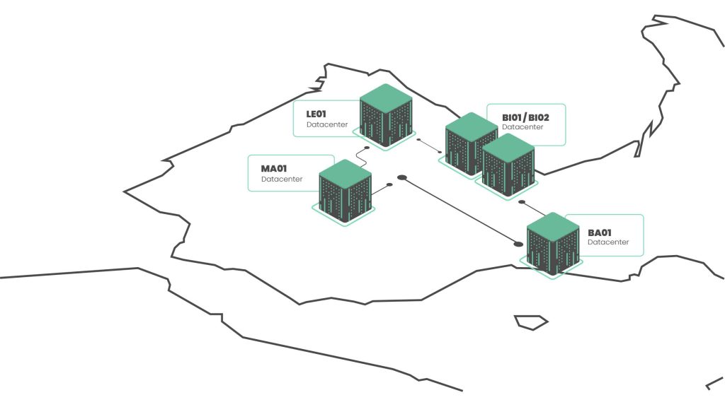 Mapa de la red de data centers de Tedra en España — León, Madrid, Barcelona y Bilbao